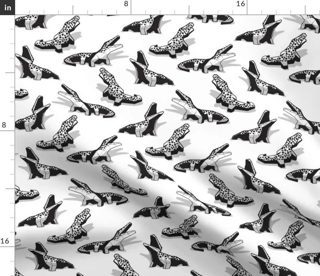 Small scale // Geometric crocodiles // white background black and white geo animals grey shadows