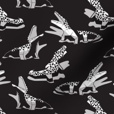 Small scale // Geometric crocodiles // black background black and white geo animals grey shadows