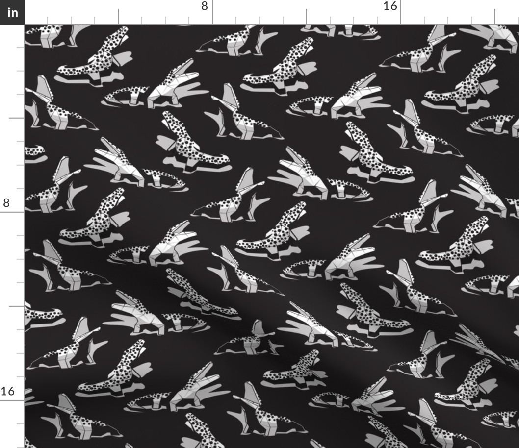 Small scale // Geometric crocodiles // black background black and white geo animals grey shadows