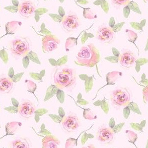 Watercolor Roses and Rosebuds in Soft Pinks