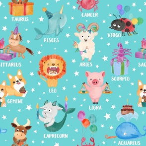 Watercolor zodiac animals astrology birthday party on aqua Extra Large for Bedding Home Decor
