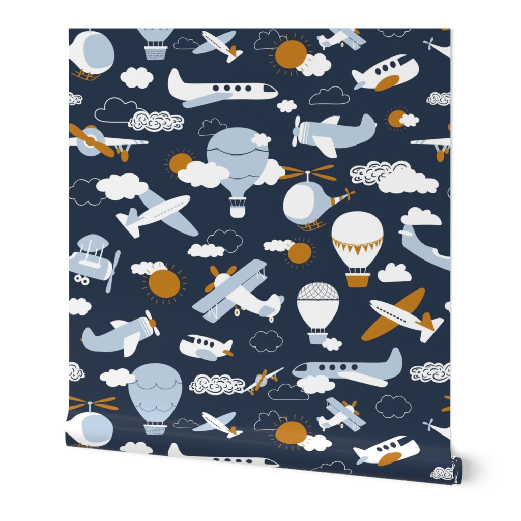 Extra Large Sky Travel Planes Helicopters Air Balloons for curtains sheets duvets