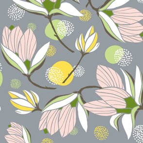 Magnolia Blossom - Floral Grey Large Scale