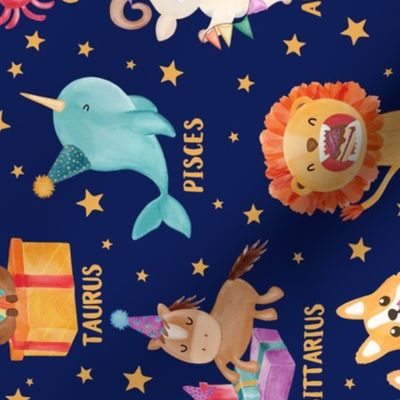 Watercolor zodiac animals astrology birthday party on dark blue rotated