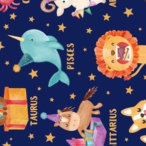 Watercolor zodiac animals astrology birthday party on dark blue rotated