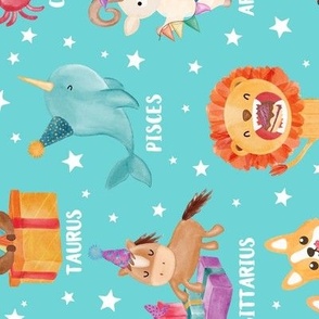 Watercolor zodiac animals astrology birthday party on aqua rotated