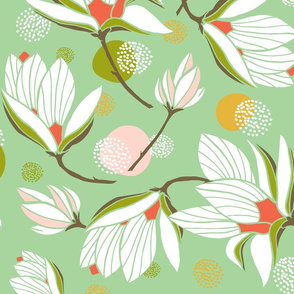 Magnolia Blossom - Floral Mint Green Large Scale