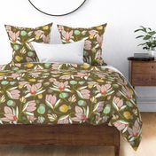 Magnolia Blossom - Floral Brown Large Scale