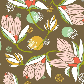 Magnolia Blossom - Floral Brown Large Scale