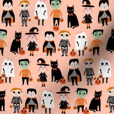 trick or treat - cute halloween kids in costumes fabric - light peach