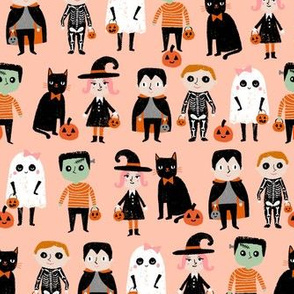trick or treat - cute halloween kids in costumes fabric - light peach