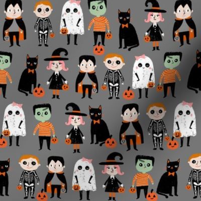 trick or treat - cute halloween kids in costumes fabric - charcoal
