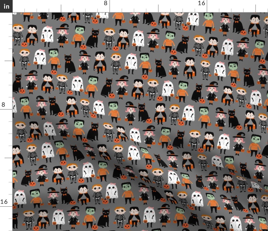 trick or treat - cute halloween kids in costumes fabric - charcoal