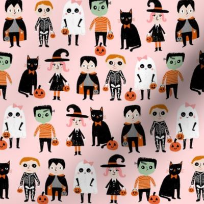 trick or treat - cute halloween kids in costumes fabric - light pink