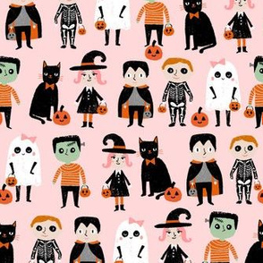 trick or treat - cute halloween kids in costumes fabric - light pink