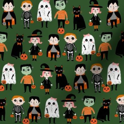 trick or treat - cute halloween kids in costumes fabric - dark green