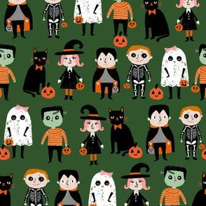 trick or treat - cute halloween kids in costumes fabric - dark green