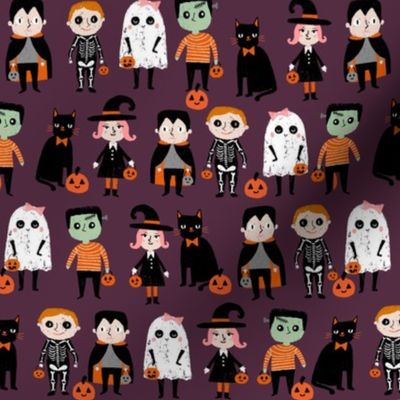 trick or treat - cute halloween kids in costumes fabric - dark purple