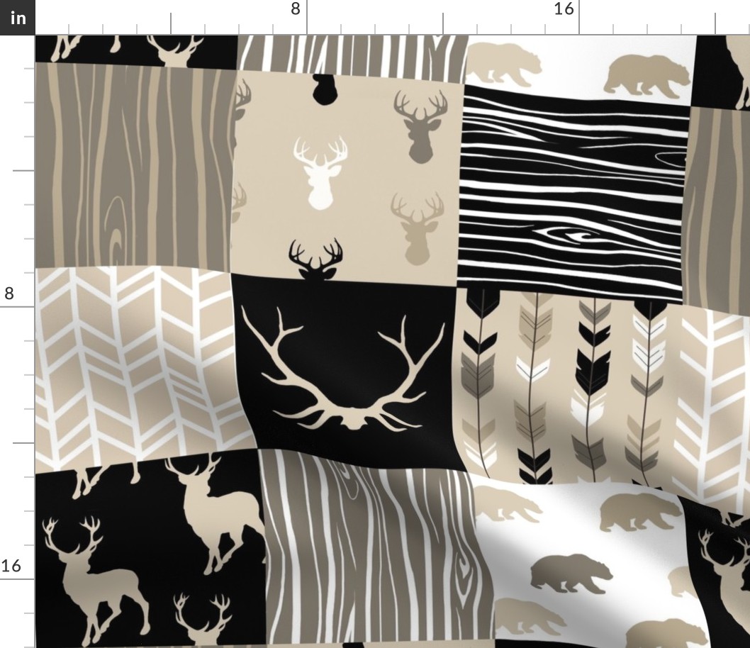 Midnight Woodland Patchwork Quilt - Black tan taupe