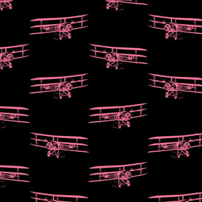 Antique Triplane Airplane Vintage Aviation Pattern in Coral Pink with Black Background (Large Scale)