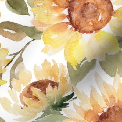 Watercolor sunflowers on white - extra large scale 
