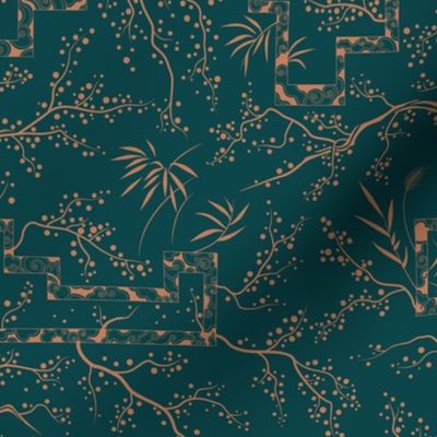 Antique copper sakura bloom on dark green silk