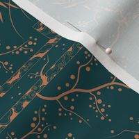 Antique copper sakura bloom on dark green silk