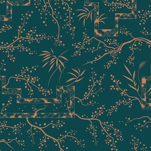 Antique copper sakura bloom on dark green silk