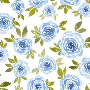 Watercolour Roses Blue & Olive