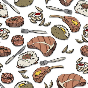 Grill Master Meat and Potatoes on White Novelty Fabric - Colorful Illustrated Design