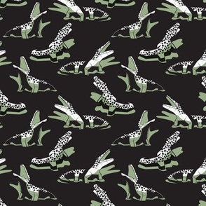 Tiny scale // Geometric crocodiles // black background black and white geo animals sage green shadows