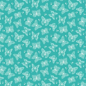 White Butterfly Tossed Print with Teal Background