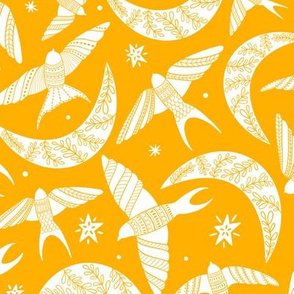 Flying birds in the sky, stars and moon with folk art florals on orange yellow