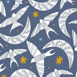 Flying birds in the sky, stars and moon with folk art florals on lavender blue