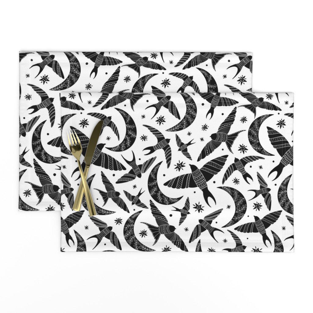 Flying birds in the sky, stars and moon with folk art florals, black and white