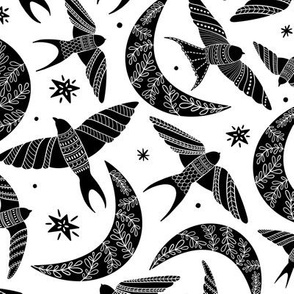 Flying birds in the sky, stars and moon with folk art florals, black and white