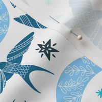 Flying birds in the sky, stars and moon with folk art florals, hues of blue