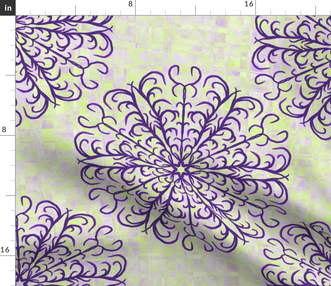 Antler inspired Mandala on Scattered Plaid in Lime Green and Purple