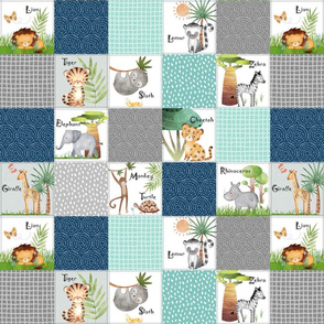 3" Jungle Animal Patchwork Quilt - Kids Safari  Wild Animal Nursery Bedding, Lion Elephant Giraffe Zebra Rhino Cheetah, DD