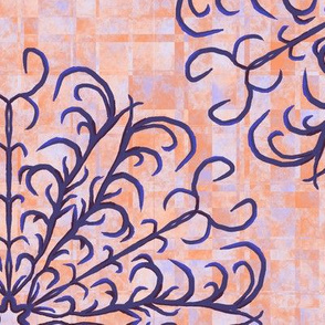 Large - Hand Drawn Antler Inspired Mandala on Scattered Plaid in Purple in Pastel Orange and Lavender