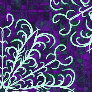 Large - Hand Drawn Antler inspired Mandala on Scattered Plaid in Green and Purple