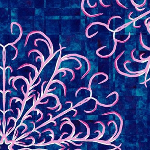 Large -  Hand Drawn Antler Inspired Mandala on Scattered Plaid - Blue Tones -Gradient Pink