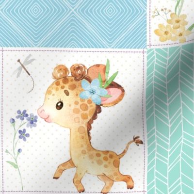 GiGi the Giraffe Patchwork Quilt – Nursery Girls Baby Blanket Bedding (mint purple blue) Quilt C