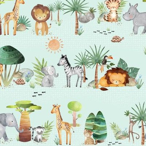 XS 9” Jungle Walk (soft mint) Wild Animal Safari, Lion Elephant Giraffe Zebra Rhino Cheetah, 9” repeat