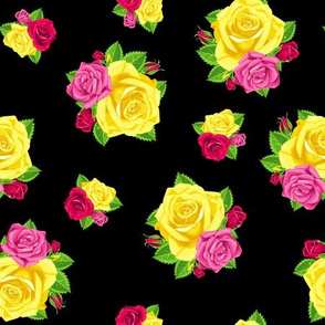 Yellow & Pink Clustered Roses on Black