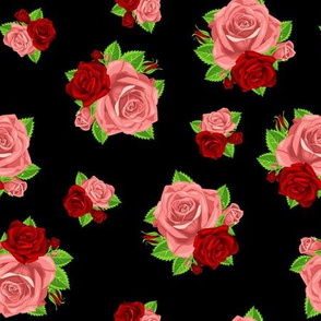 Peach & Red Clustered Roses on Black