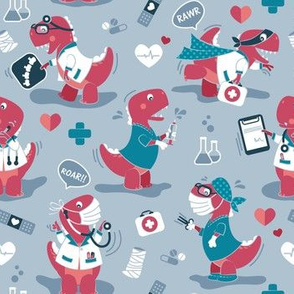 Small scale // The good reptile // pale blue background red t-rex dinosaur doctors or nurses