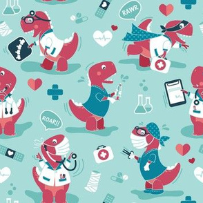 Small scale // The good reptile // aqua background red t-rex dinosaur doctors or nurses