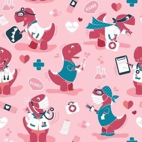 Small scale // The good reptile // pastel pink background red t-rex dinosaur doctors or nurses