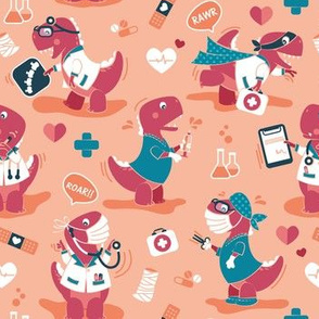 Small scale // The good reptile // coral background red t-rex dinosaur doctors or nurses